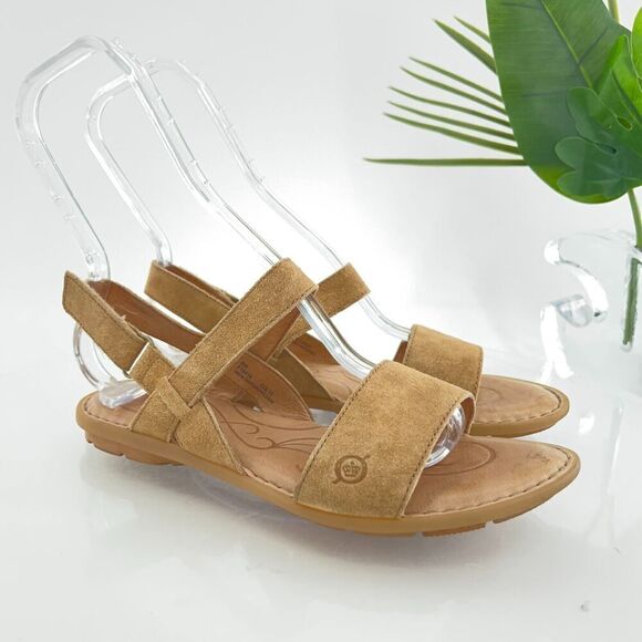 Born Womens Sandal Size 8 Brown Suede Leather Flat Slingback Open Toe Shoe - Picture 1 of 13